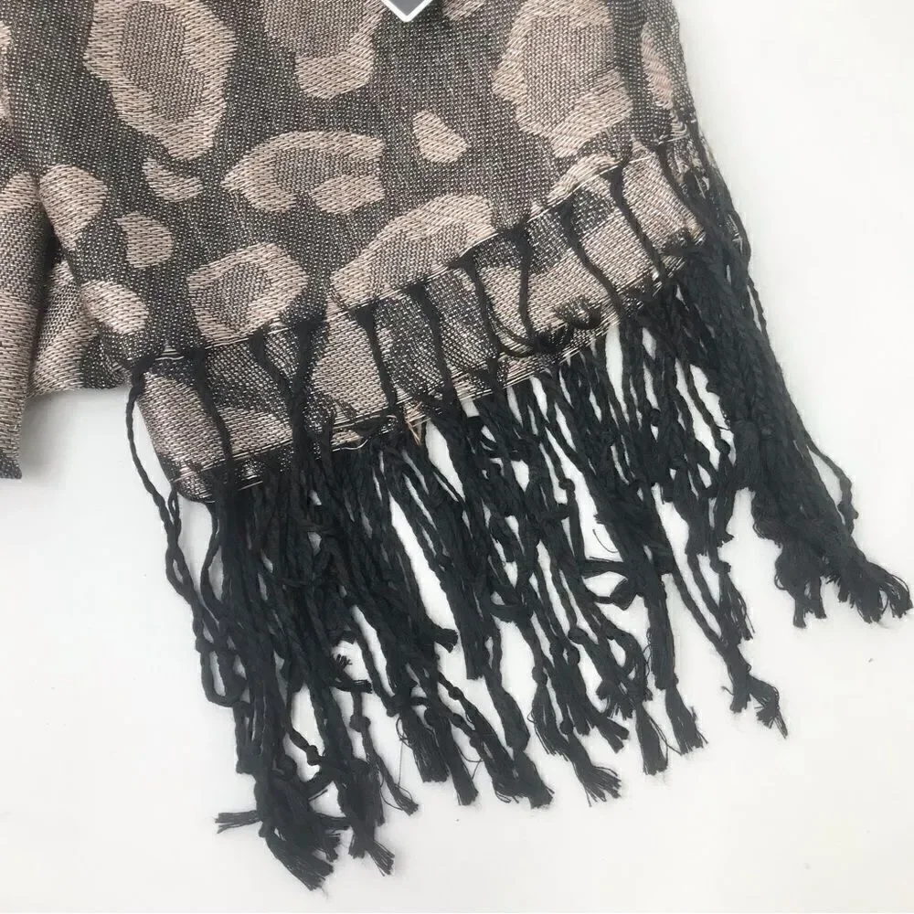 West Loop Black Taupe Metallic Leopard Print Jacquard Fringe Scarf NEW